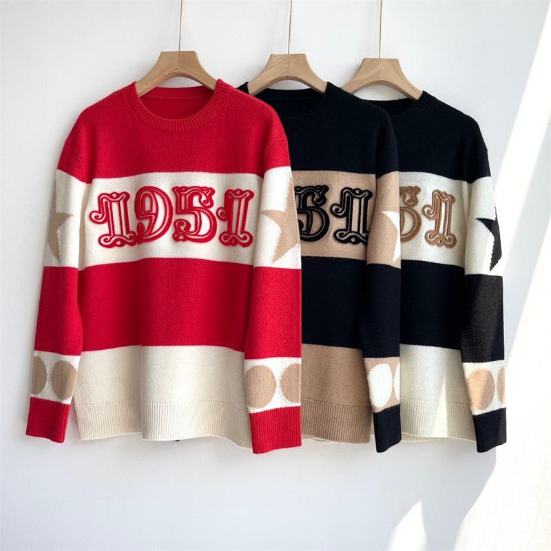 Women's Retro Classic MAX Family Wool Pullover: Round Neck, Long Sleeve, Embroidered Digital Knit, Cashmere Color Block Sweater