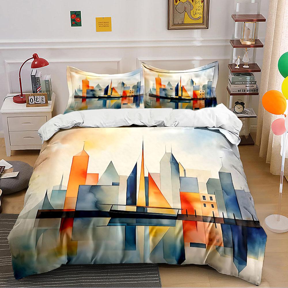 Abstract Sailboat Cityscape Bedding Duvet Cover Set Duvet Cover Pillowcases (1*Duvet Cover 2*Pillowcases, without duvet insert)