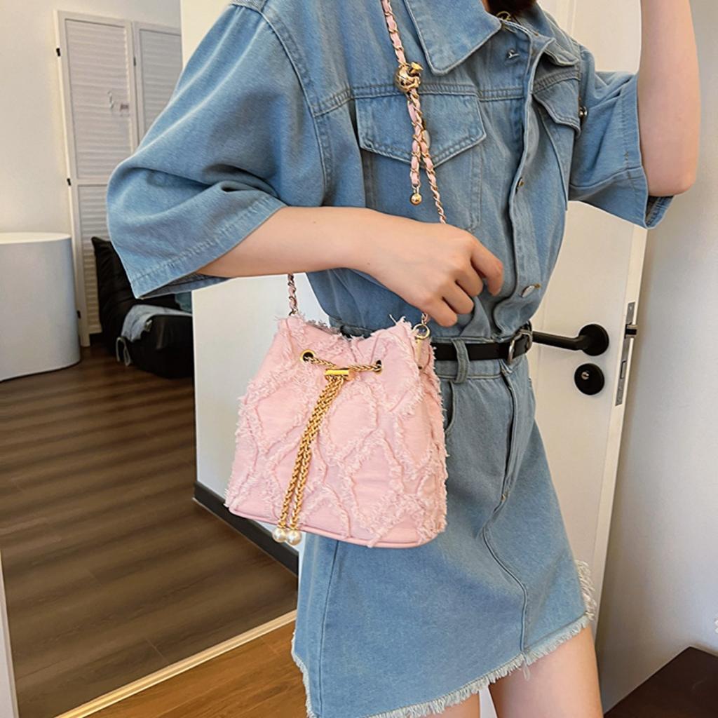 Ling Grid Řetízková Kbelíková Taška, Jednoduchá Crossbody Taška, Dámská Módní Ramenní Taška se Stahovací Šňůrkou a Střapcem