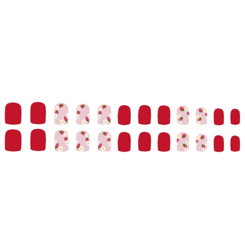 24 Pieces Strawberry Flower Designs Short Square Press On Nail Stick on Nail Fashion Nail Accessories For Quick Manicure