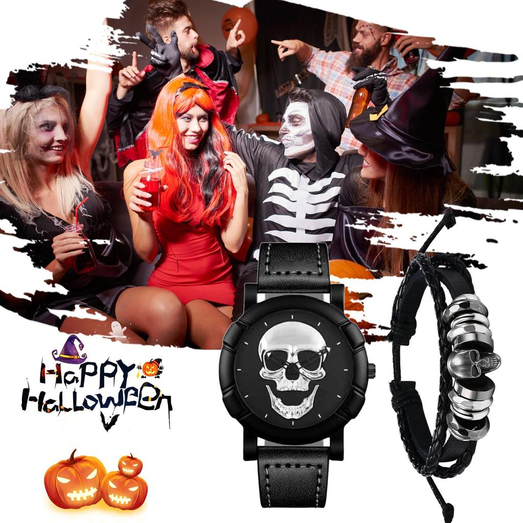 Skull Watch Bracelet 2 Piece Set Rock Punk Skull Leather Belt Analog Waterproof Black Gothic Accessory Halloween Gift Men's -
