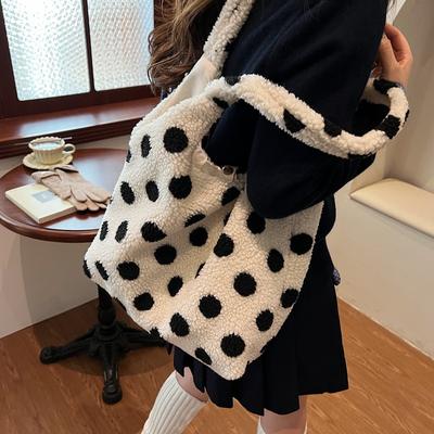 2025 Winter New Plush Retro Puppy Printed Tote Bag Female Commuter Student Casual Shoulder Vest Bag