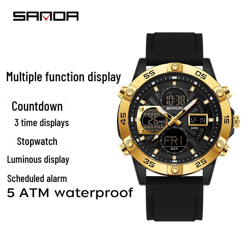 SANDA 3D Multifunction Sports Watch – 3 Time Zones, Waterproof, Student Wristwatch