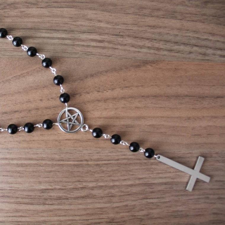 Geometric Alloy Pendant Necklace With Pentagram And Inverted Cross For Women