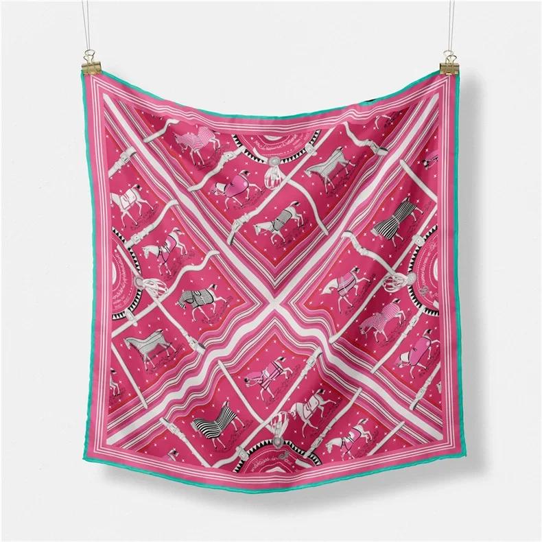 Luxury Horse Print Silk Square Scarf Women Spring Neck Tie Shawl Wraps Female Hair Hand Wrist Headkercheif Hijab Bandana