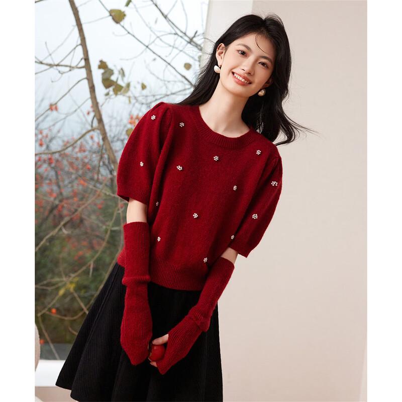 Women's Puff Sleeve Bead Embellished Knit Sweater