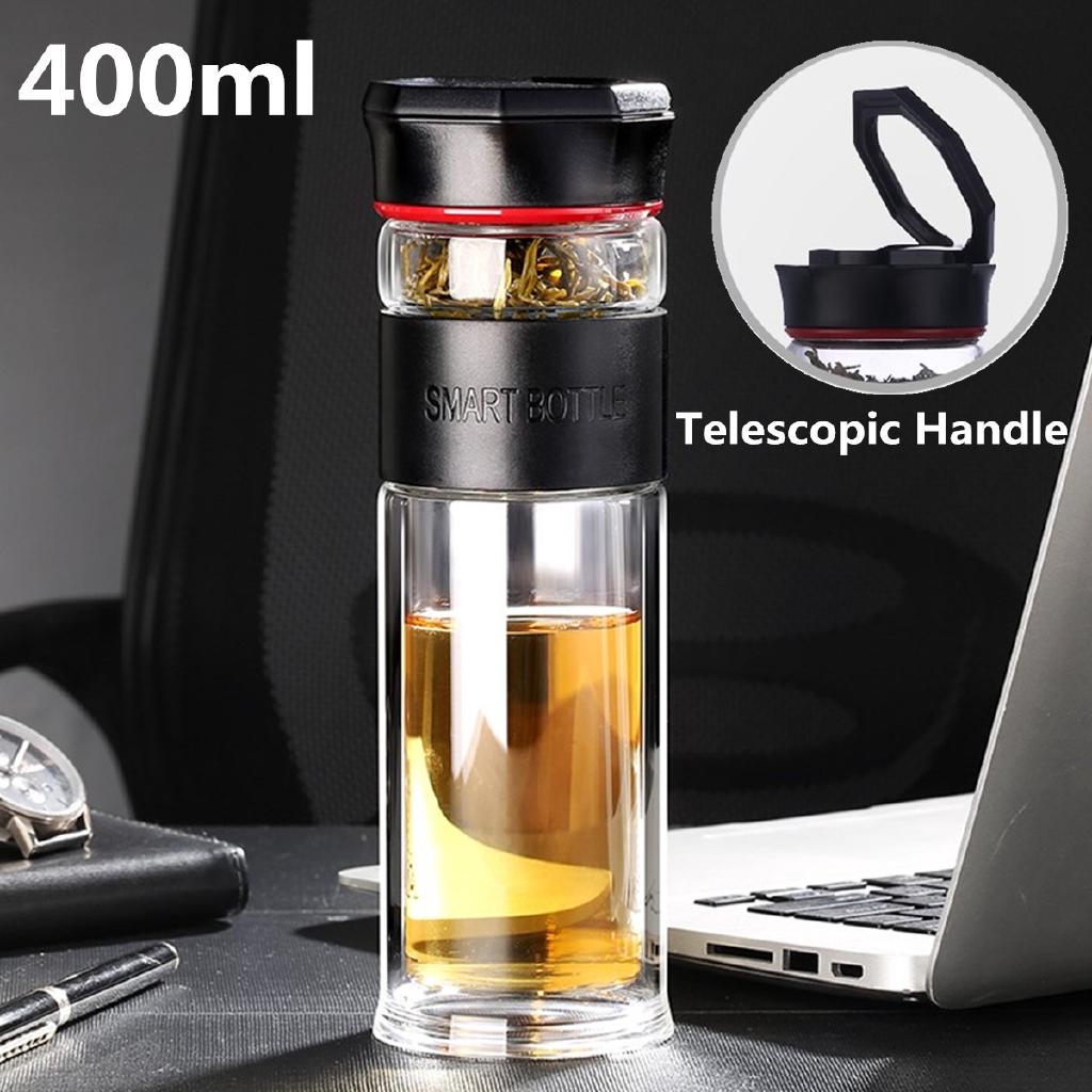 Double Wall Glass Water Bottle Tea Cup Office Travel Mug w/Tea Separator 400ml