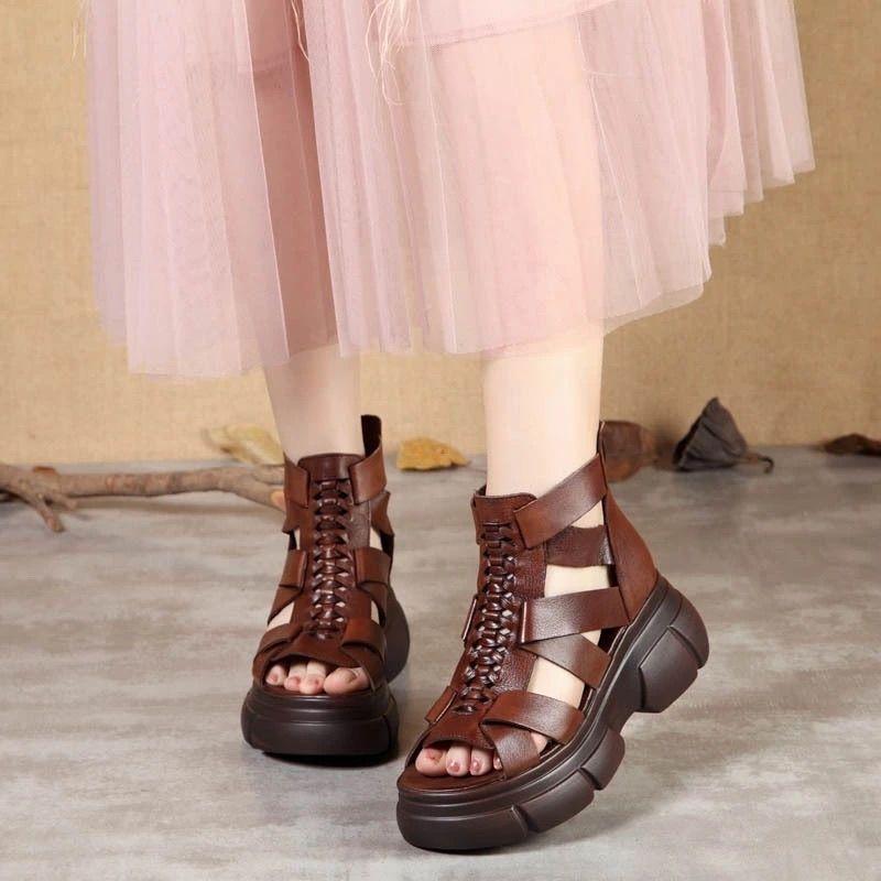 

New spring and summer retro ethnic wind slope heel soft leather cool boots women s sandals waterproof table high heel Roman fish mouth sandals 41