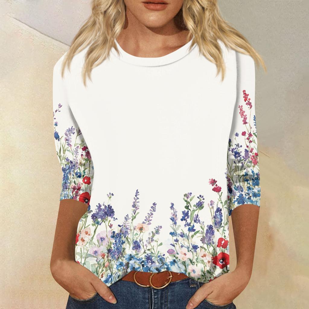 Women's Fashion Casual Round Neck 3/4 Sleeve Loose Printed T-Shirt Ladies Top