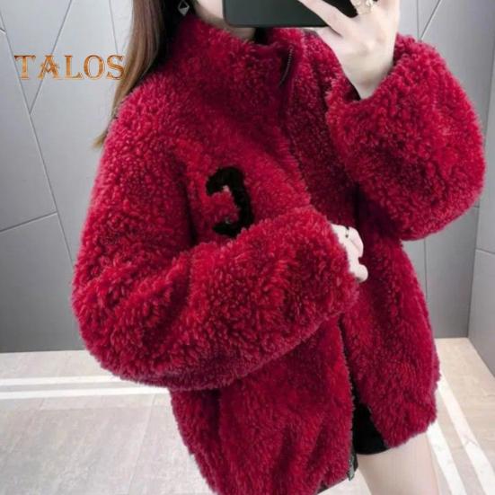Winter Lady Coat Thickened Double-sided Faux Fleece Solid Color Stand Collar Neck Protection Letter Decor Long Sleeves Keep Warm Outdoor Travel