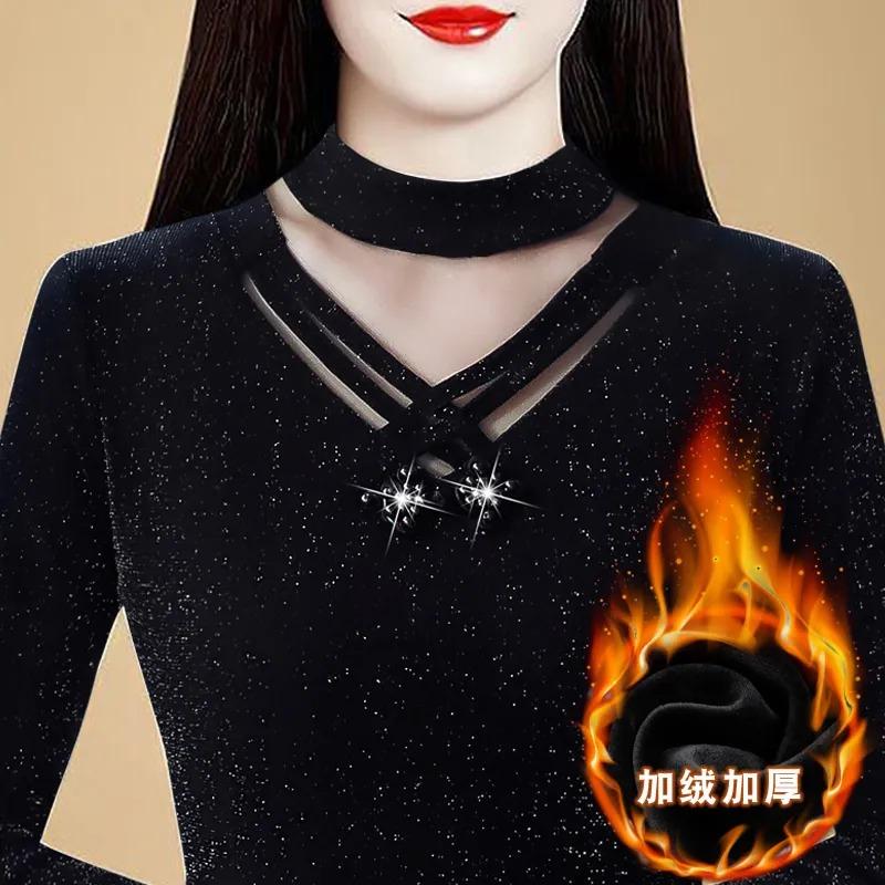 

Кружевной базовый топ для женщин, осенне-зимний стиль, бархатный и утолщенный, с длинным рукавом, полувысоким воротником, сетчатый топ L чёрный