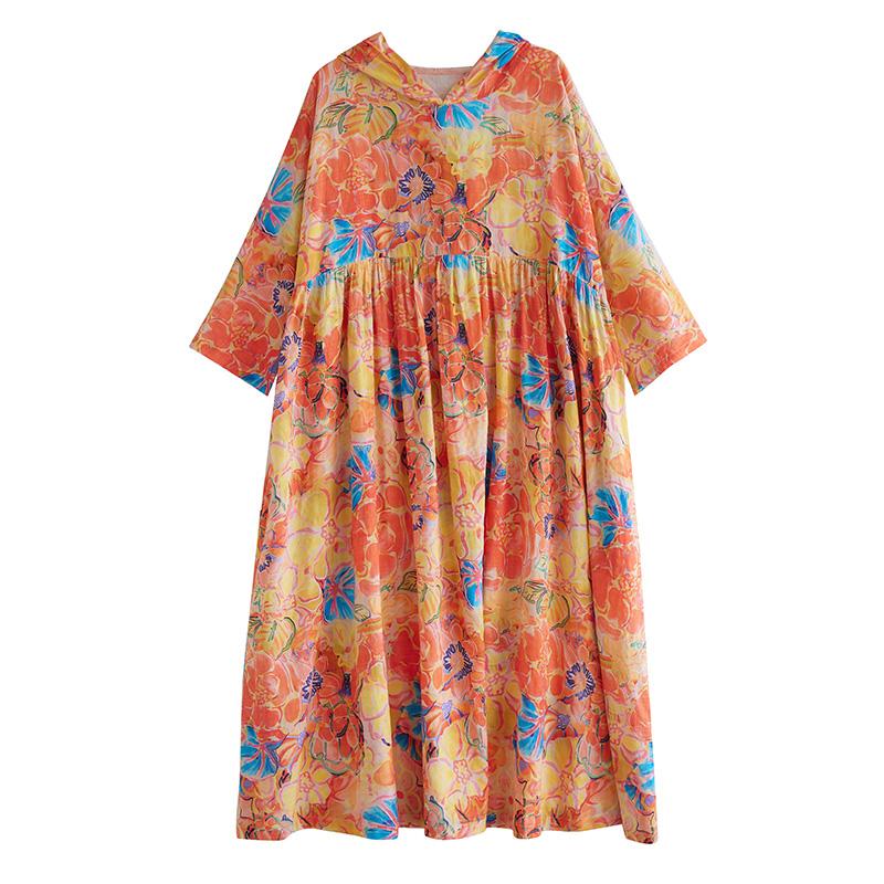 DIMANAF 2025 Summer Women Plus Size Vintage Basic Dress Floral Pleated Casual Long Loose Hooded Dress Maxi