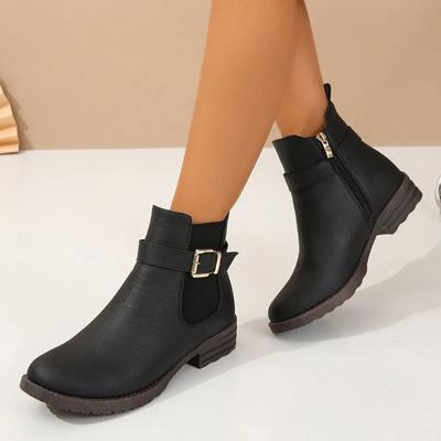 Damenschuhe 2024 Marke Seitenreißverschluss Damenstiefel Modische Gürtelschnalle Moderne Stiefel Damen Winter Runde Zehenpartie Solide Mittelhohe Stiefel