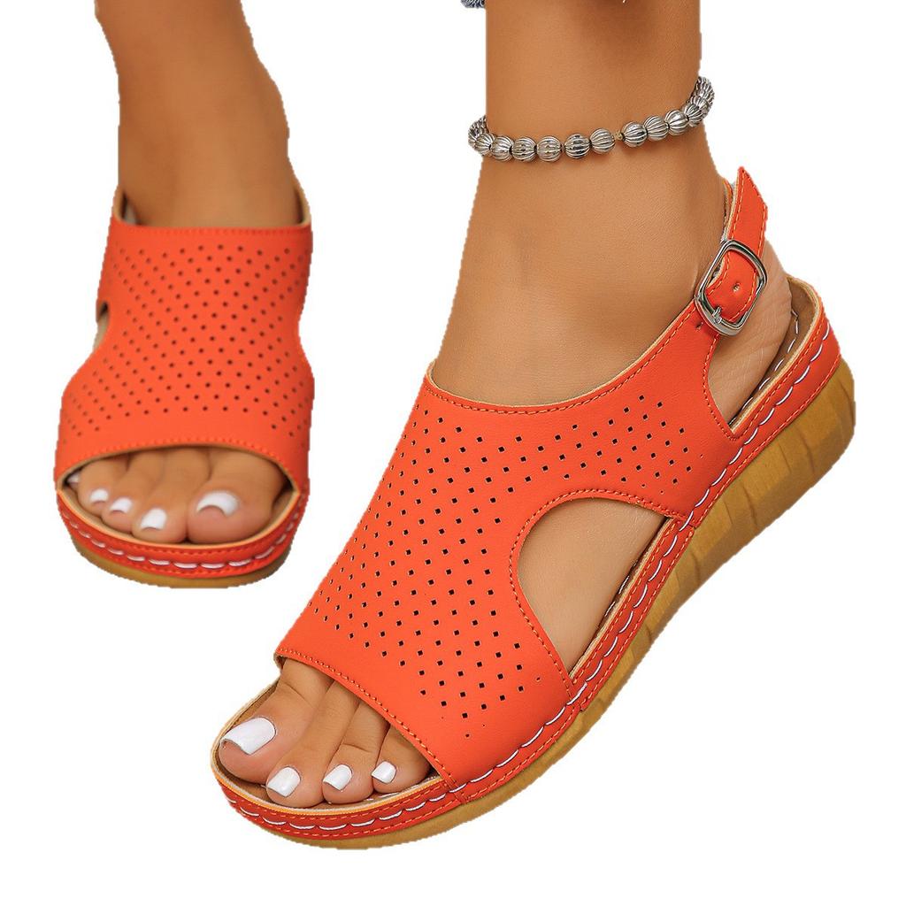 Women's shoes large size solid color Velcro fish mouth thick heel sandals 2025 new foreign trade wedge heel fish mouth sandals