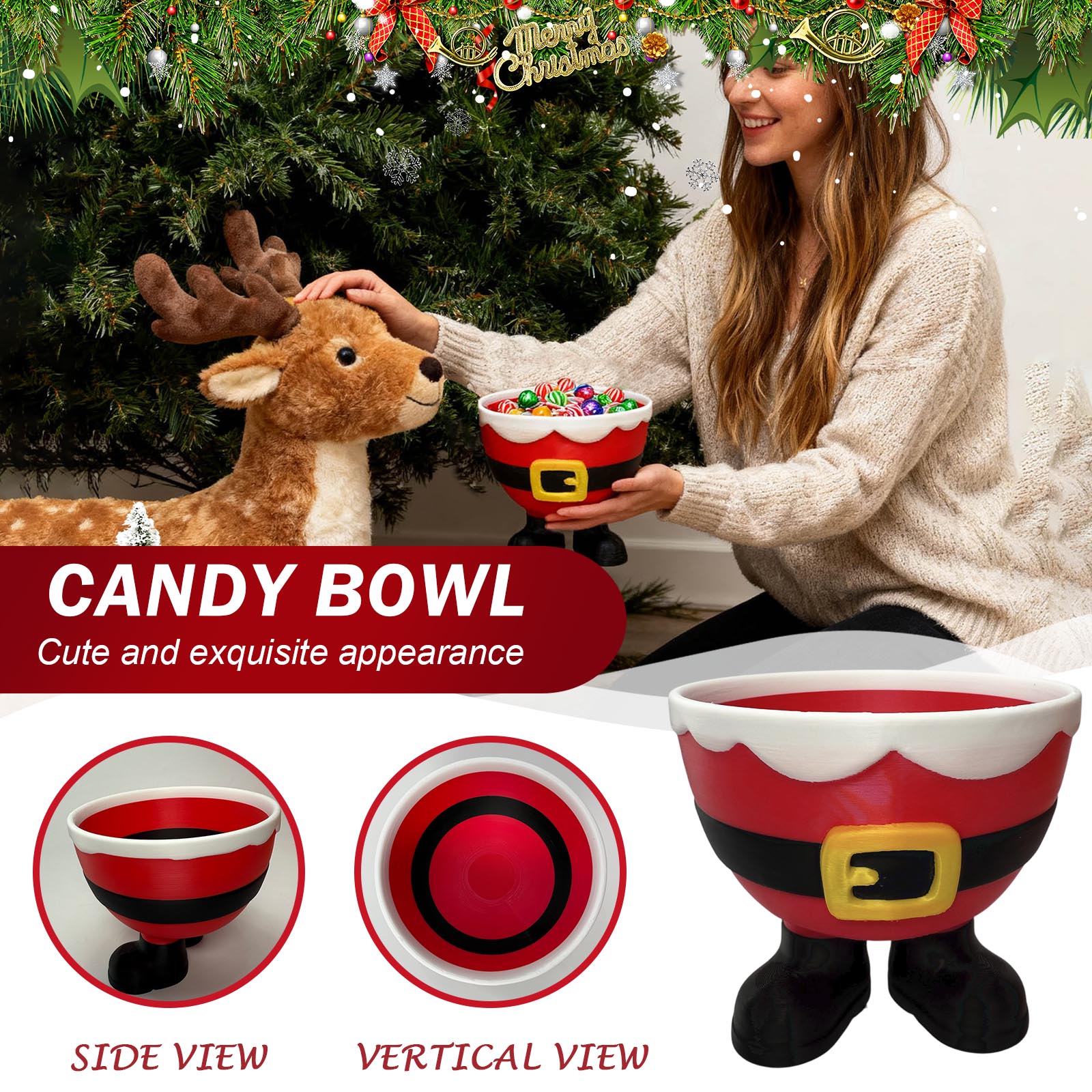 

3D Printed Santa Boot Christmas Bowl - Festive Holiday Serving Dish,Treats, Food-Safe Material With Santa Belt Design One Size
