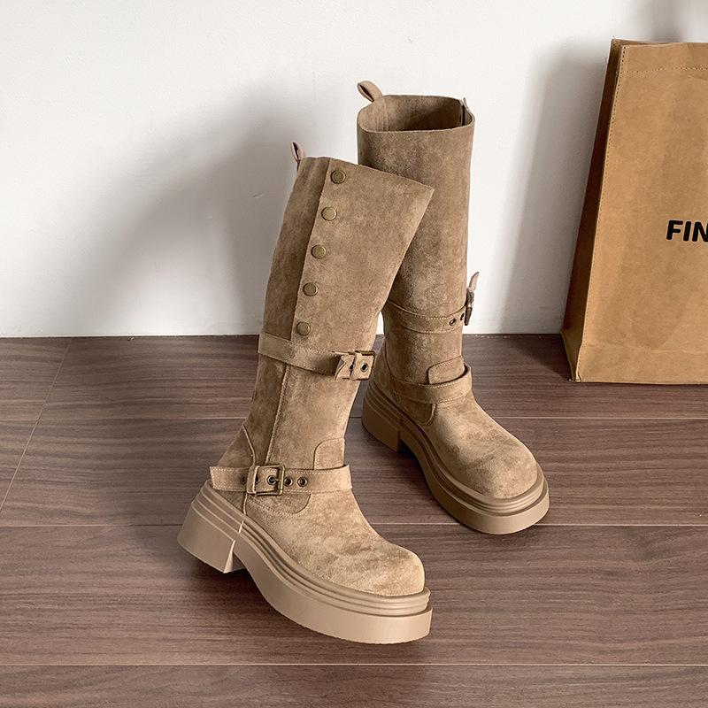 Black Retro But Knee Thick-soled Boots Women's 2025 New Autumn Small Man Height and Thinness Knight Boots