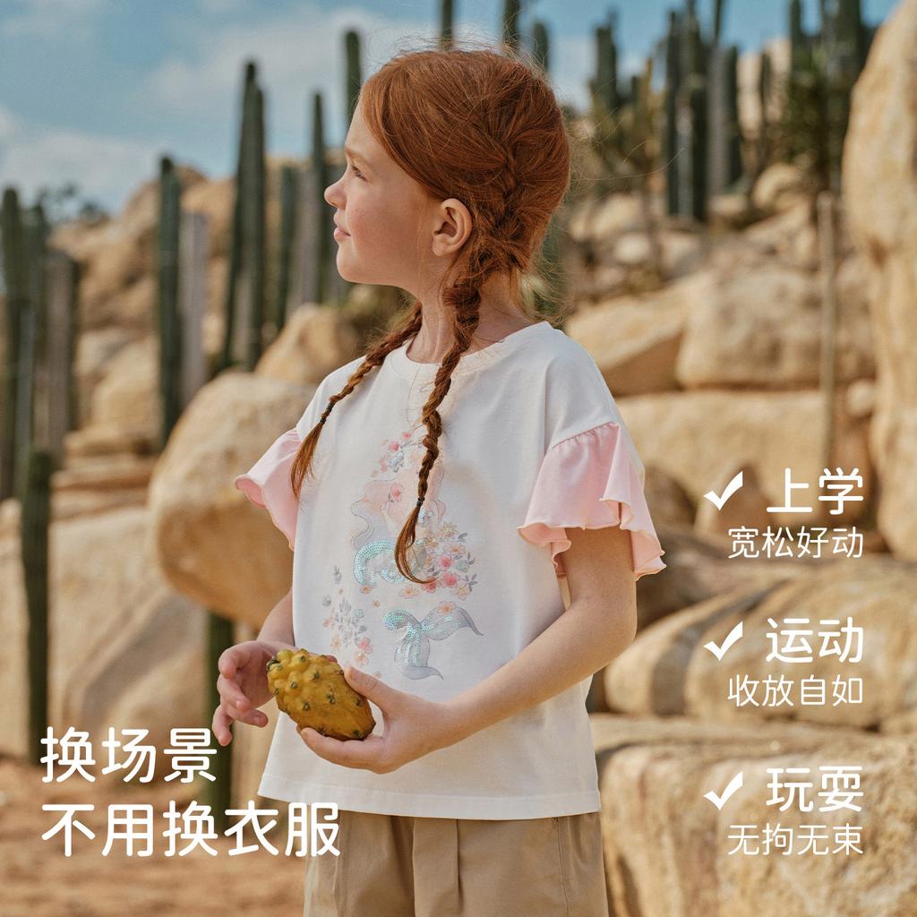 Davidella Girls' Short Sleeved T-shirt Summer Outfit New Children's Pure Cotton Base Shirt, Mid Size Children's Stylish Top