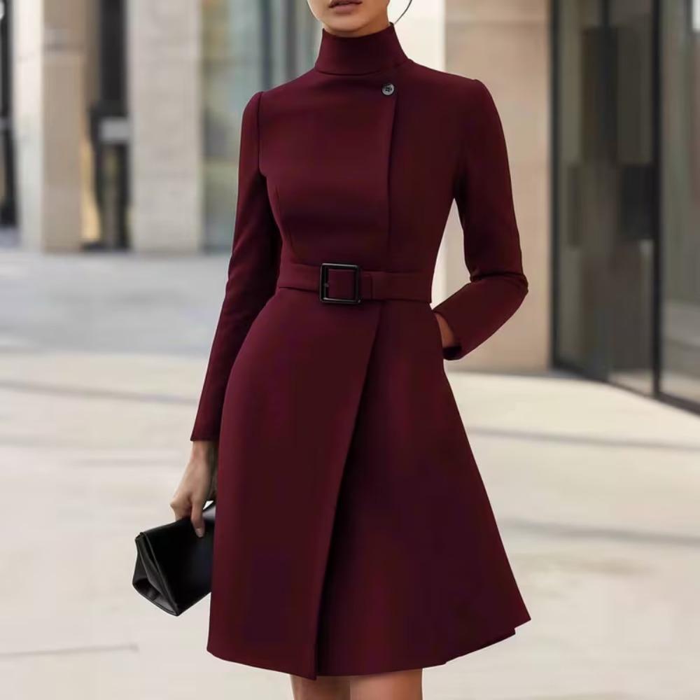 Robe Mi-Longue Élégante à Col Roulé Manches Longues Coupe Ajustée Taille Moyenne Robe Trapèze Tissu TR Uni Ceinture Poche Bureau Automne Robe de Travail