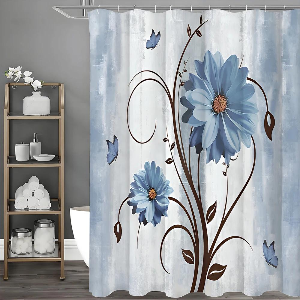 Rustykalna Zasłona Prysznicowa Farmhouse, Niebieskie Stokrotki i Motyle na Wodoodpornej Tkaninie, Vintage Niebieska Kwiatowa Zasłona Prysznicowa z Haczykami