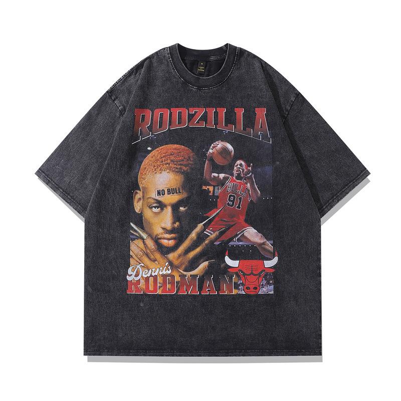 American Street Style Rodman Character Retro Short-Sleeved Men'S And Women'S Ins High Street Washed Old Loose T-Shirt