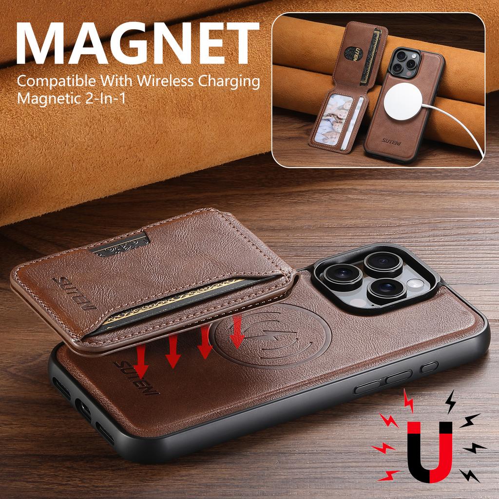 SUTENI M3 For iPhone 15 Pro Max Magnetic Case Cowhide Texture Leather Back Cover with Card Bag Kickstand