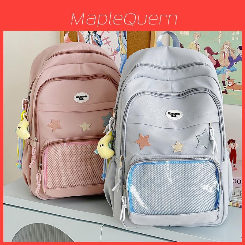 Pain Pack Double Shoulder School Backpack With Transparent Partition And Star Decor For Middle School Students