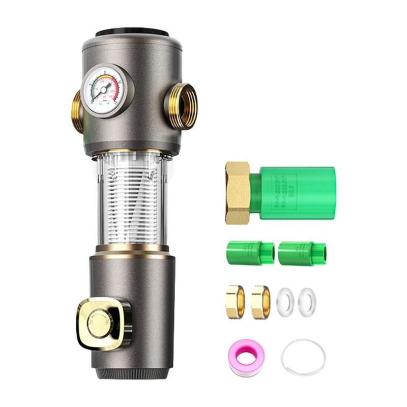 

Home Water Filtrations Unit Stainless Steel Mesh Easy Installation Inlet Pre Filter with Pressure Gauge Metal Texture чорний