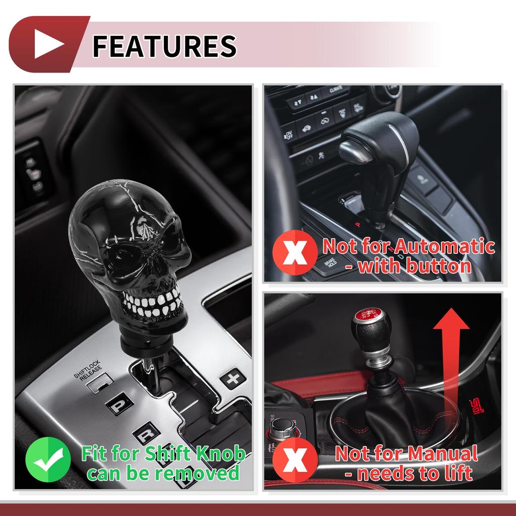 HEROFFIX Skull Shift Knob Universal Gear Shift Knob Resin Stick Shifter Lever Knob for Automatic and Manual Vehicles with 3 Adapters Black 1 Set 8.7cm