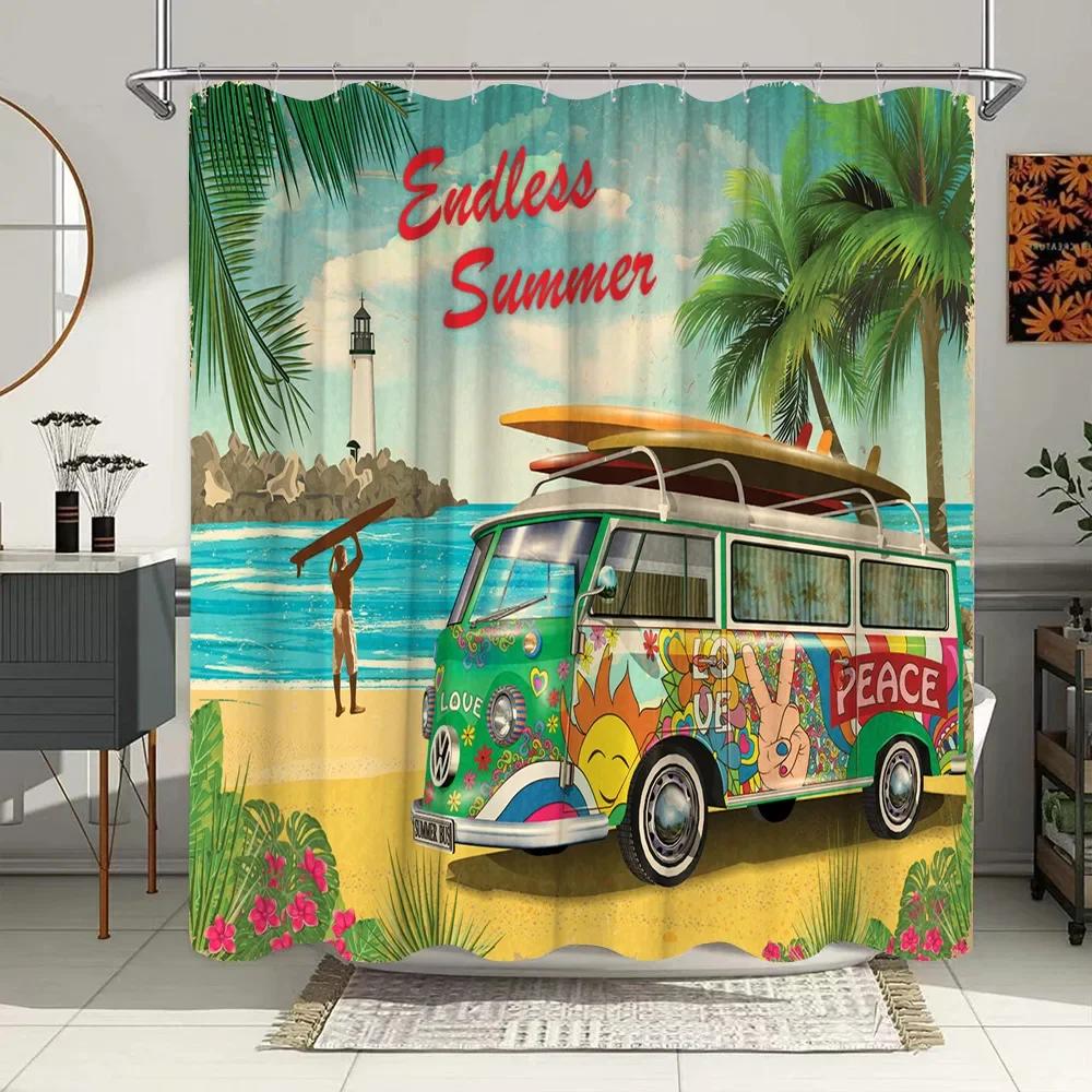 Vintage Letnie Wakacje Retro Bus Camper Van Zasłony Prysznicowe Deska Surfingowa Palma Łazienka Wystrój Domu Zasłona do Wanny z Haczykami