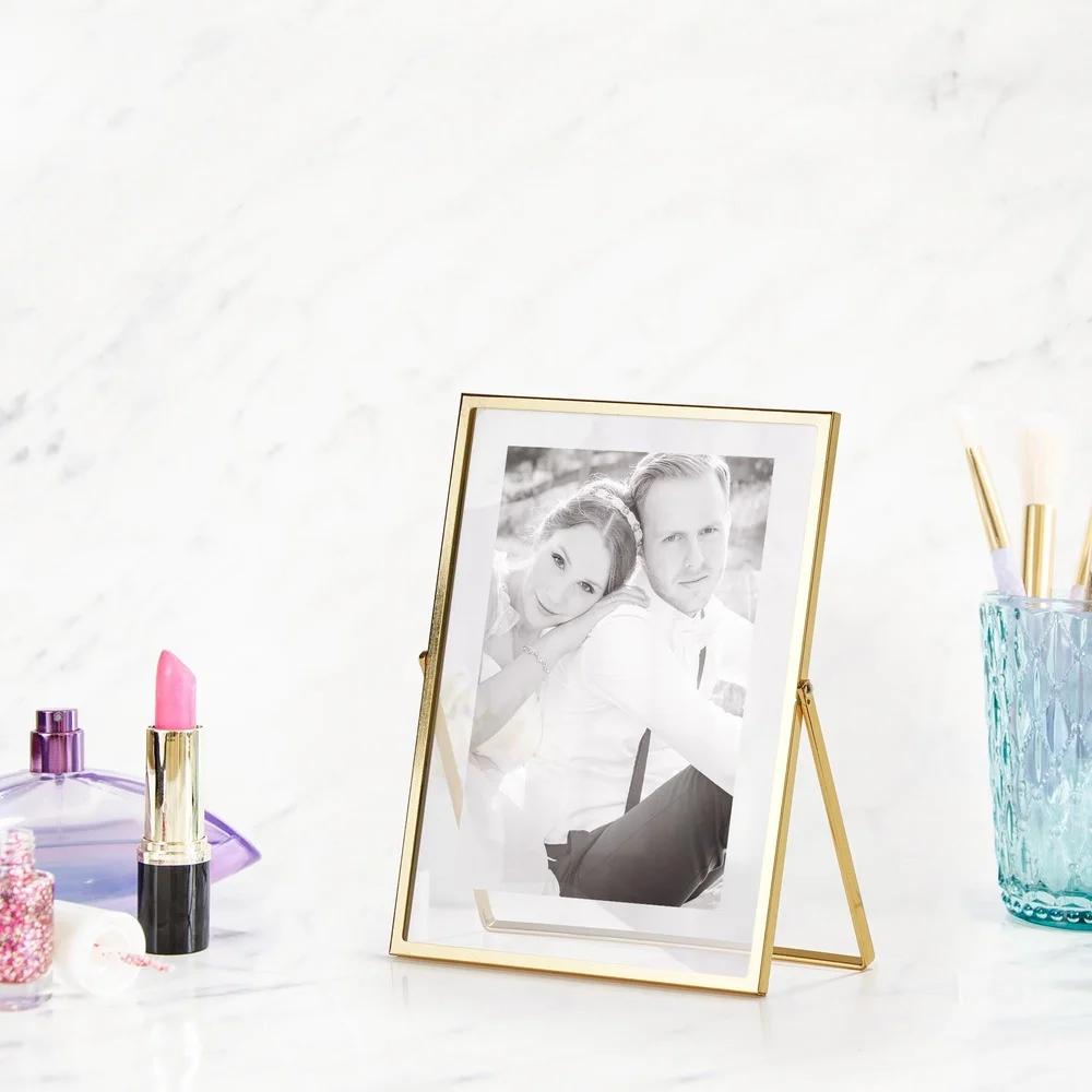 Gold Metal Glass Floating Picture Frame Heavyweight Contemporary Design Foldable Easel Stand Ideal Cherished Photos Decor