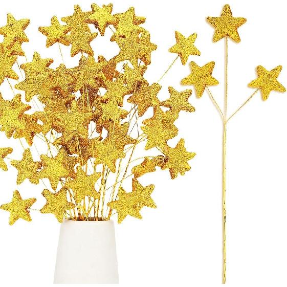 24 Pcs Glitter Star Picks 14.5 Inch Sparkly Star Stem Christmas Star Tree Picks Twinkle Star Sticks Foam Vase Decoration for Christmas Birthday Party