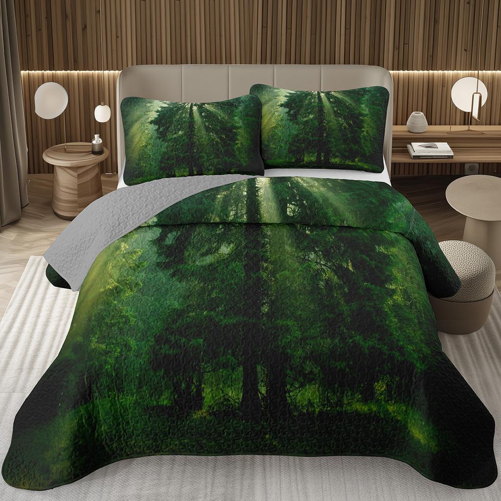 Forest Bedspread Queen/Twin, Nature Scenery Quilt Set, Soft Lightweight Botanical Tree Coverlet, Rustic Farmhouse Bedding Set