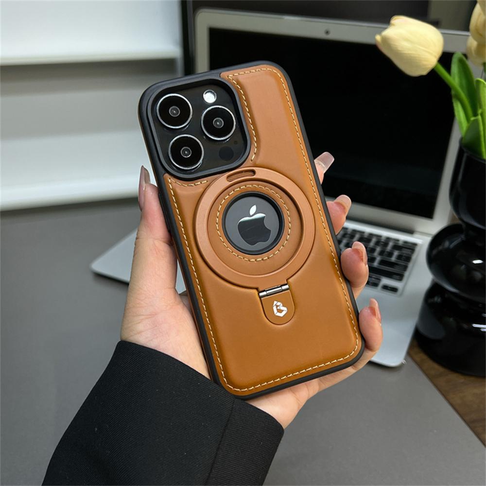 Luxusní magnetický stojánek Ring PU kožené pouzdro na telefon pro iPhone 16 15 14 13 12 Pro Max Magsafe Wireless Charging Dutý kryt loga