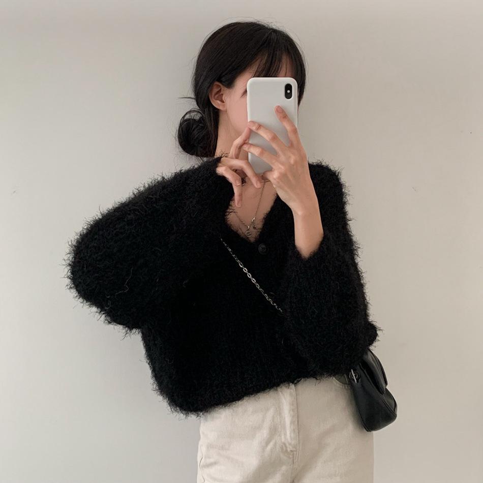 Chic Korean Faux Mink Long-Sleeve V-Neck Cardigan Sweater for Women