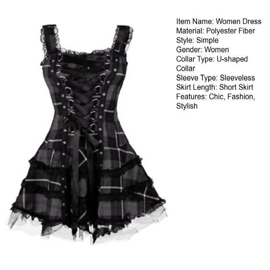 Steampunk Plaid Mini Dress for Women Lace Up Sleeveless A-Line Dress Medieval Renaissance Corset Lace