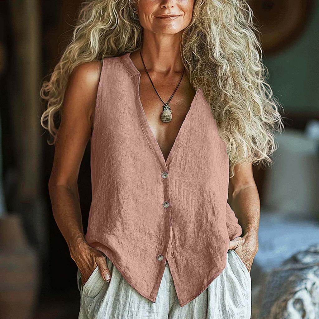 Women's Fashionable Sleeveless Solid Color V Neck  Casual Loose Vest Top