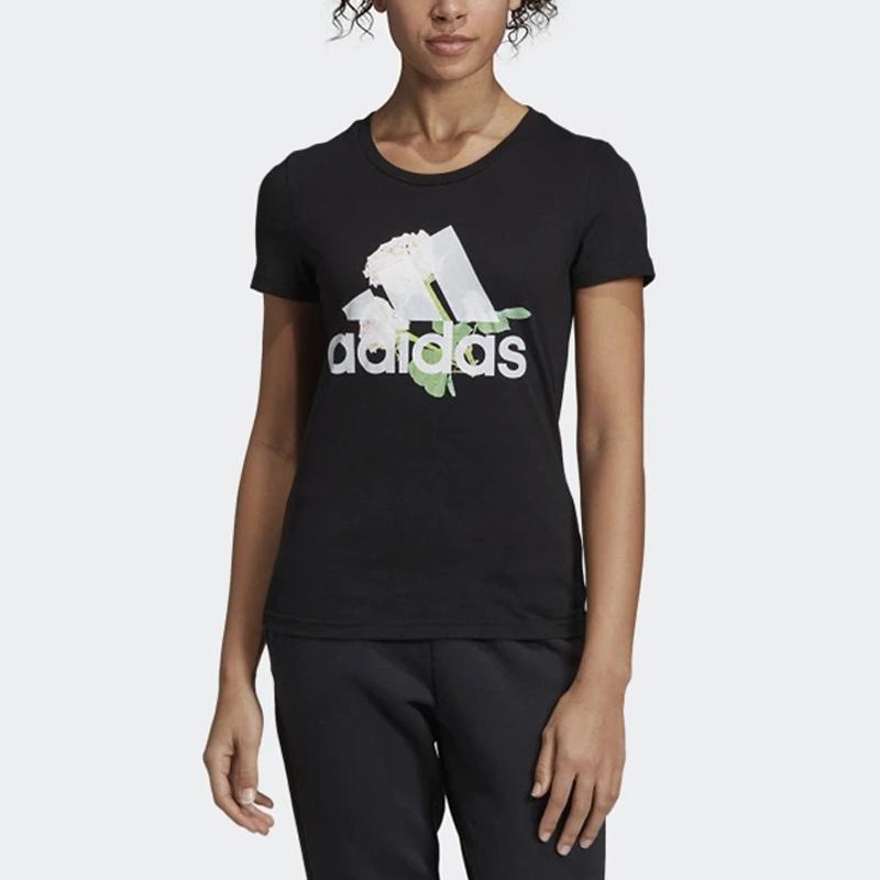 Adidas W Mh Flower Tee Logo American Vintage Print Casual Sports Round Neck Running Training Short Sleeve Breathable T-Shirt Women Tops Black ED6160
