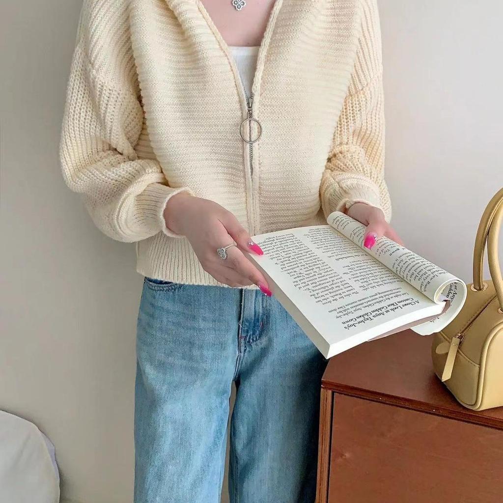 New Korean Lazy Style Loose Zipper Lapel Sweater Jacket, Versatile Knitted Cardigan for Women