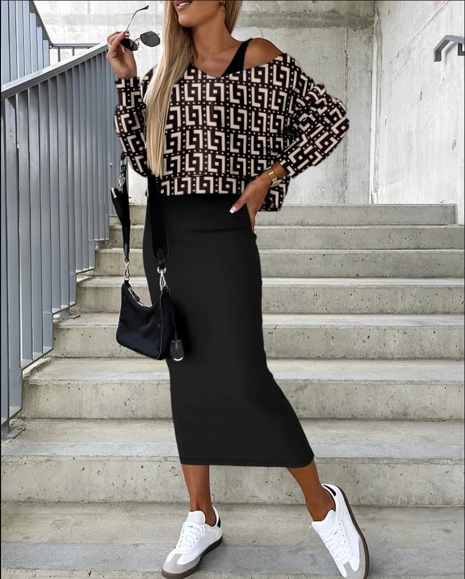 

Autumn and winter new fashion bat sleeve sweater long skirt hip suit skirt women s clothing XXL