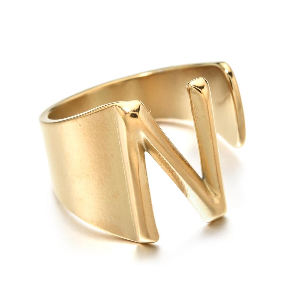 18K Gold Stainless Steel Letter Ring – Fashionable Open European & American Style, Women's Adjustable Titanium Steel Ring