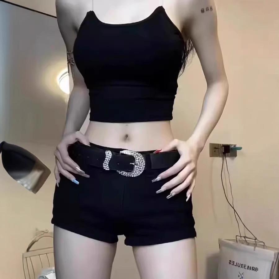 

Women s Black Low Waist Denim Shorts - Summer 2025 Y2K Slimming Elastic Hot Pants M