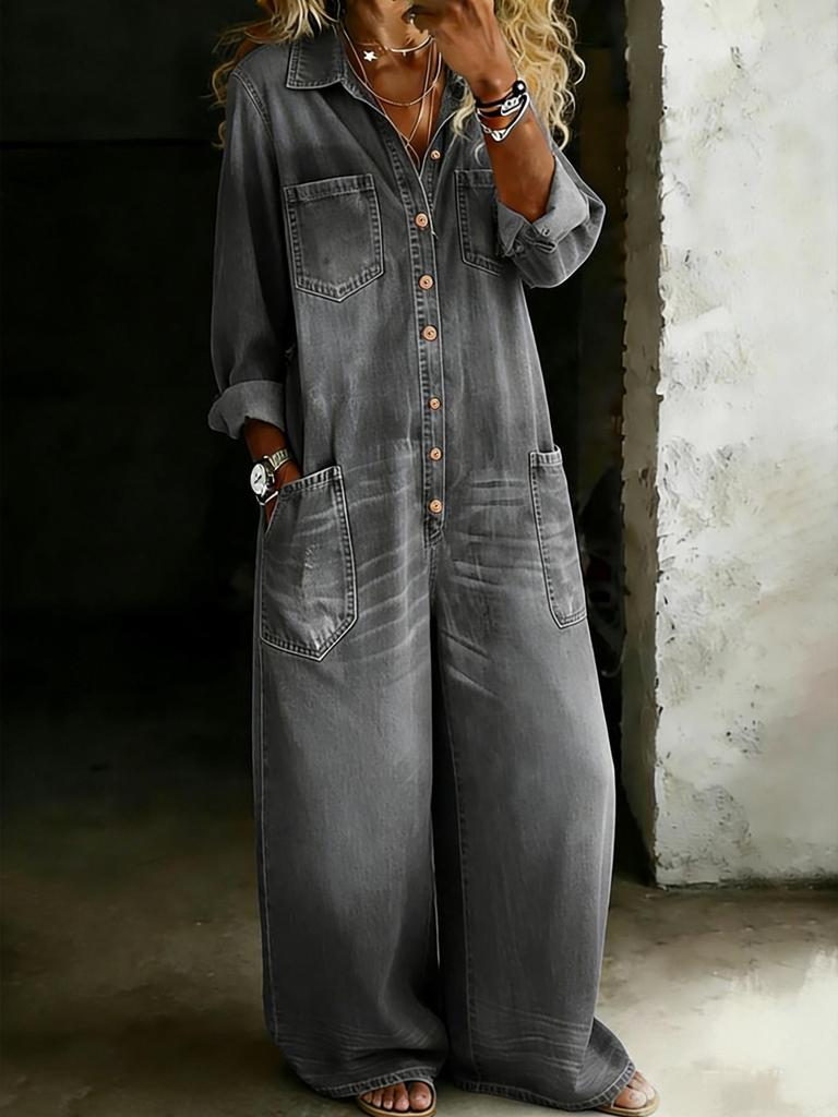 Retro European and American Wide-Leg Denim Jumpsuit with Lapel Long Sleeves