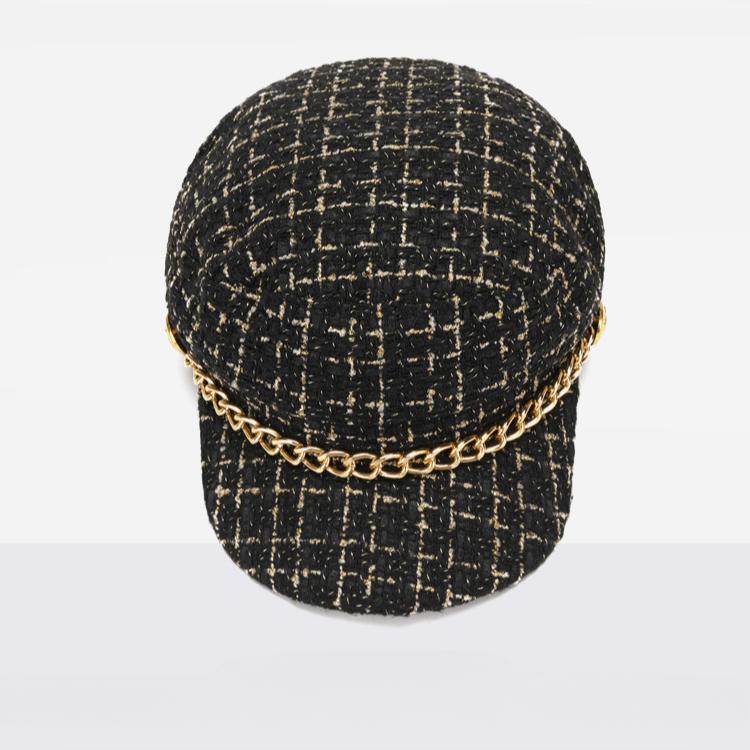Hat Women's Autumn and Winter New Navy Hat Plaid British Retro Octagonal Hat S Chain Beret