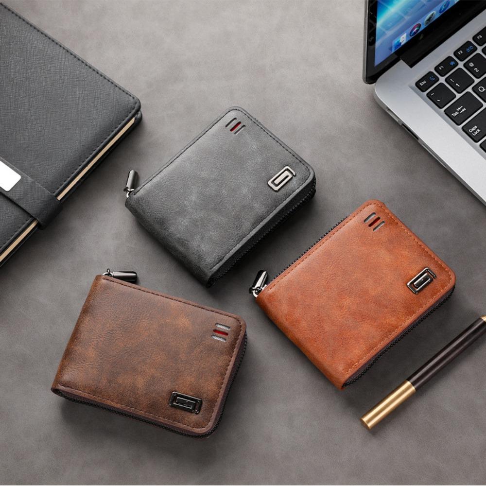 New PU Leather Short Wallet Zipper Large-capacity Coin Purse Solid Color Money Bag Man