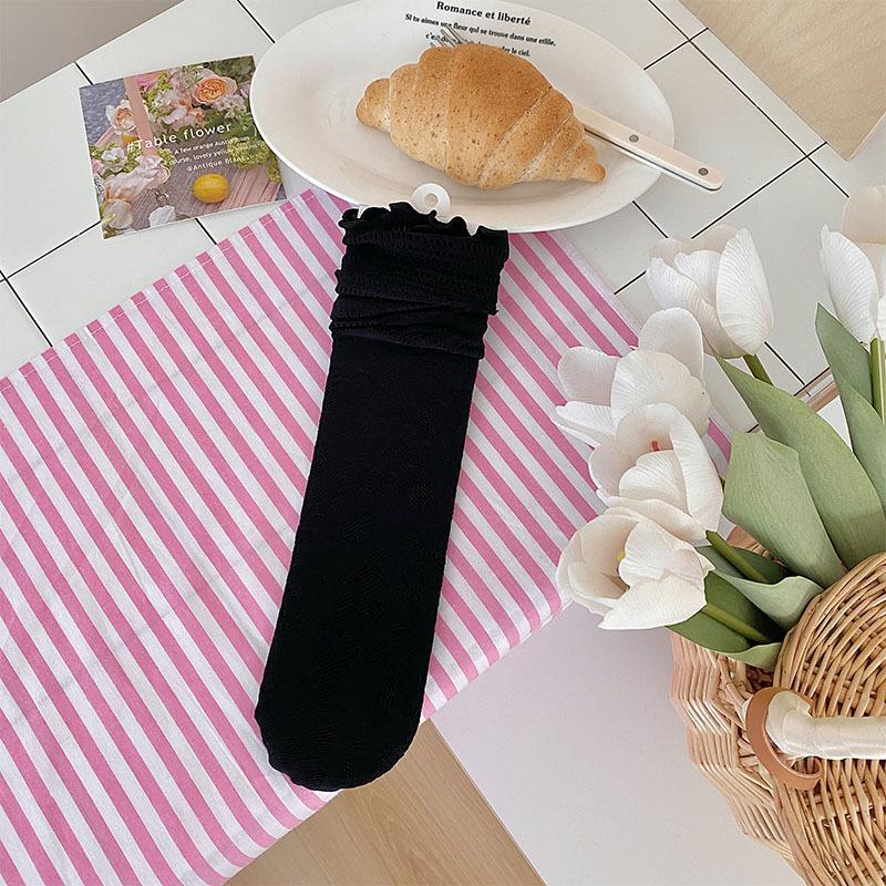 Women's Summer Thin Lace Flower Perforated Mesh Mid-calf Socks with Black Fungus Edges. Women's Pile Socks