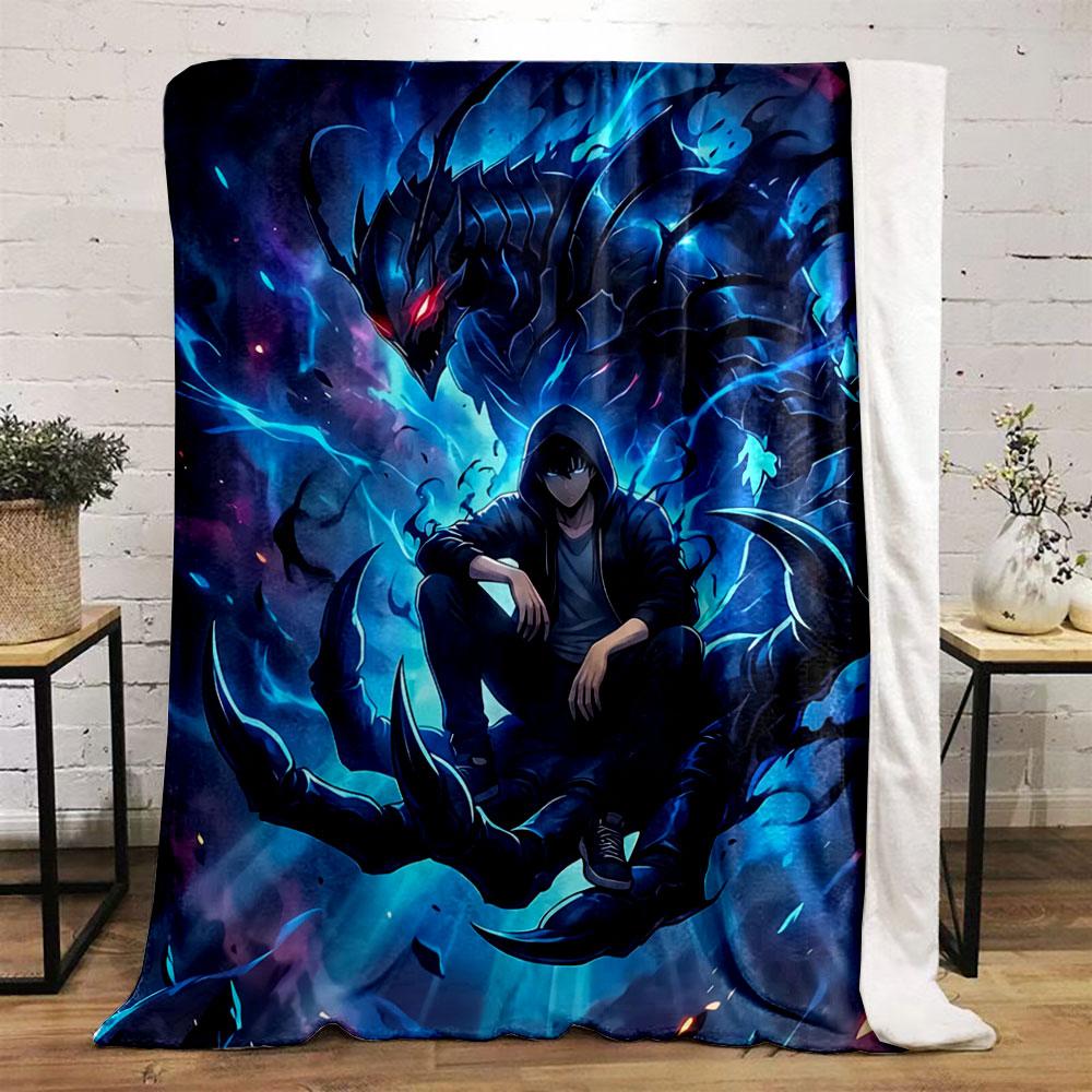 A Hooded Figure Sits On a Claw, Surrounded by Glowing Blue Energy and a Beast. for All Seasons Blanket Lunch Break Throw Gift
