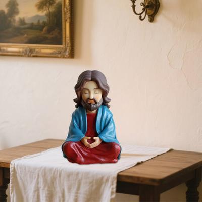 Yousheng Meditating Cartoon Jesus Figurine Hand-Painted Jesus Statue Sculpture Religious Easter Christmas Desktop Decoration Ornament