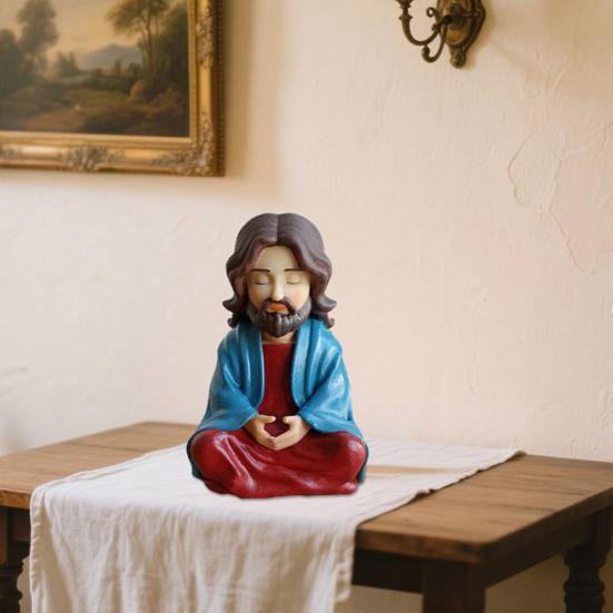 Yousheng Meditating Cartoon Jesus Figurine Hand-Painted Jesus Statue Sculpture Religious Easter Christmas Desktop Decoration Ornament