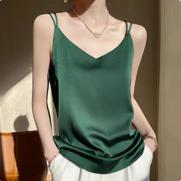 2025 Women's White Satin Camisole Tank Top: Elegant Back Design, Imitation Silk Summer Innerwear