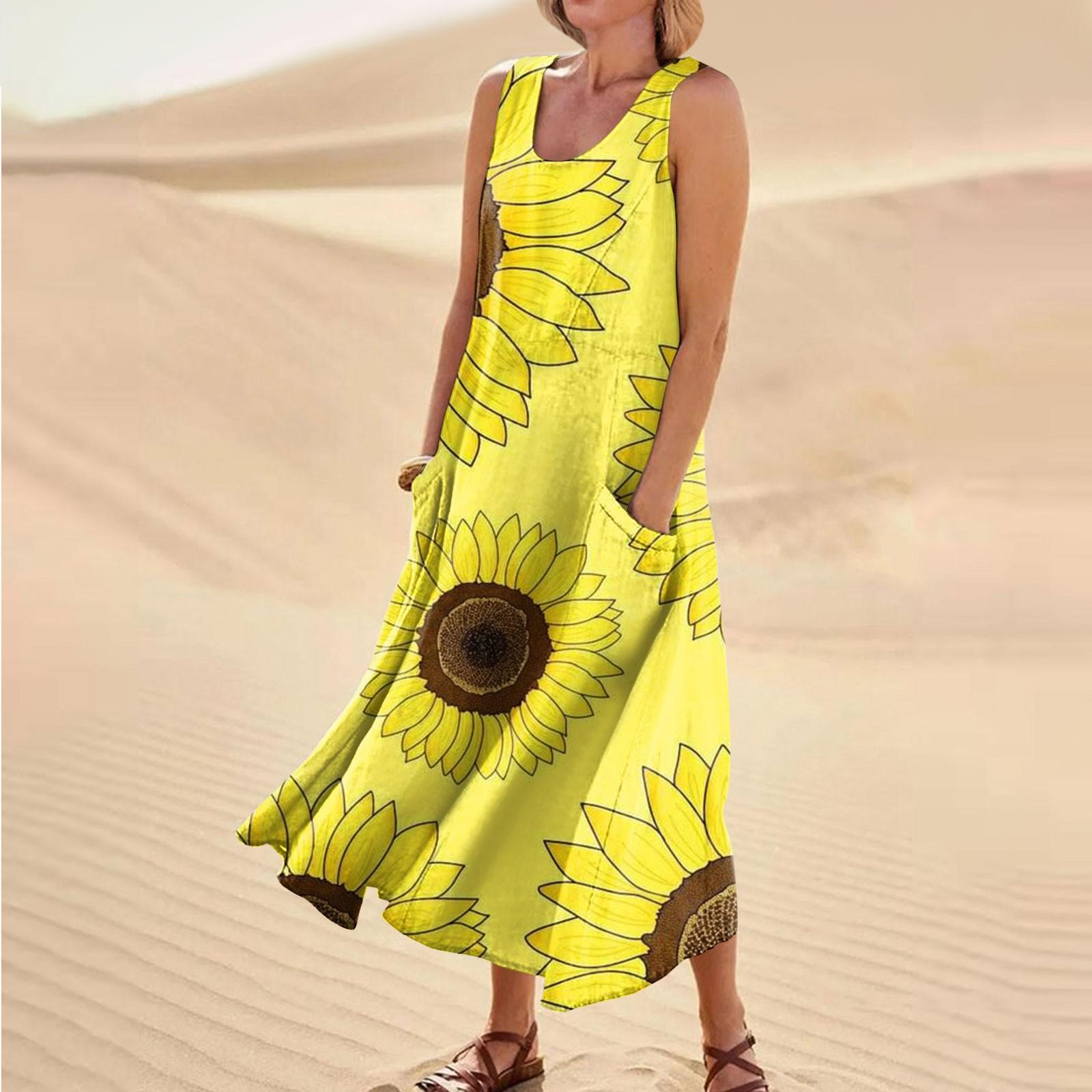 

Женское летнее повседневное модное платье без рукавов с карманом и круглым вырезом XL жёлтый